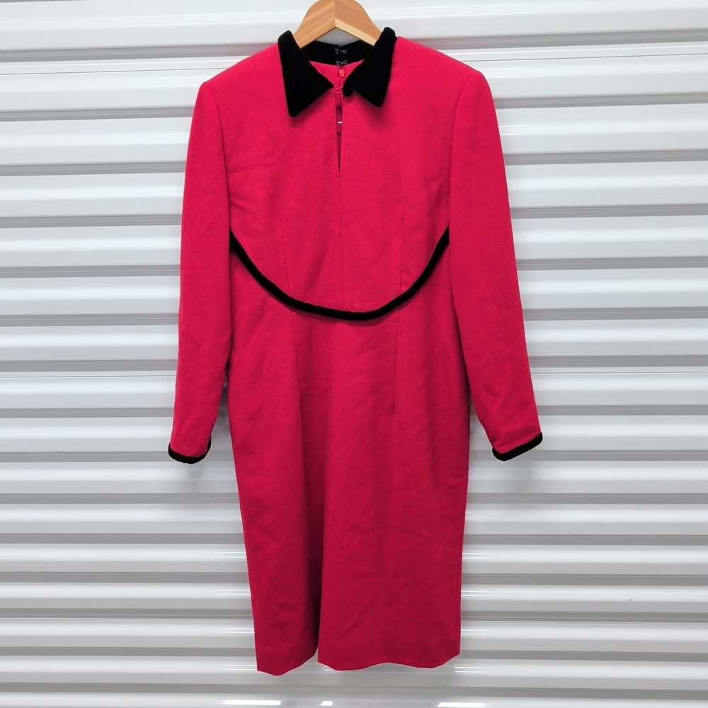 Carolina Herrera Vintage Womens Dress Red Wool Velvet Trim Sheath Saks 12 L